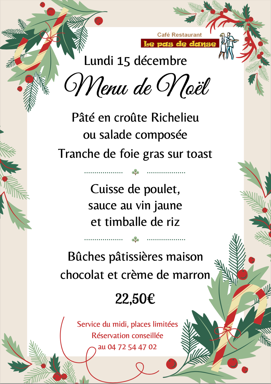 Menu du repas de Noël comprenant des toasts de foie gras, buffet d'entrées, civet de sanglier et tagliatelles, et enfin bûche patissière.
